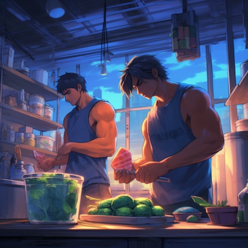 An AI-generated image of 2 lean guys making food