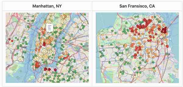 2D map of Manhattan and SF, with red &amp; green dots representing optimal and sub-optimal hotspot locations