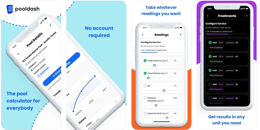 screenshots of an iphone app for pool-care