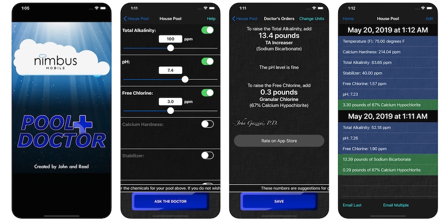 screenshots of another, older app for pool-care