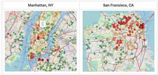 2D map of Manhattan and SF, with red & green dots representing optimal and sub-optimal hotspot locations